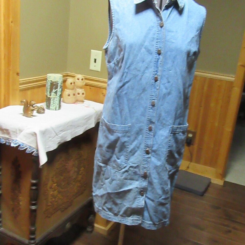 vtg New York Jean Denim Chore dress 2 pocket front stainless buttons sz 8